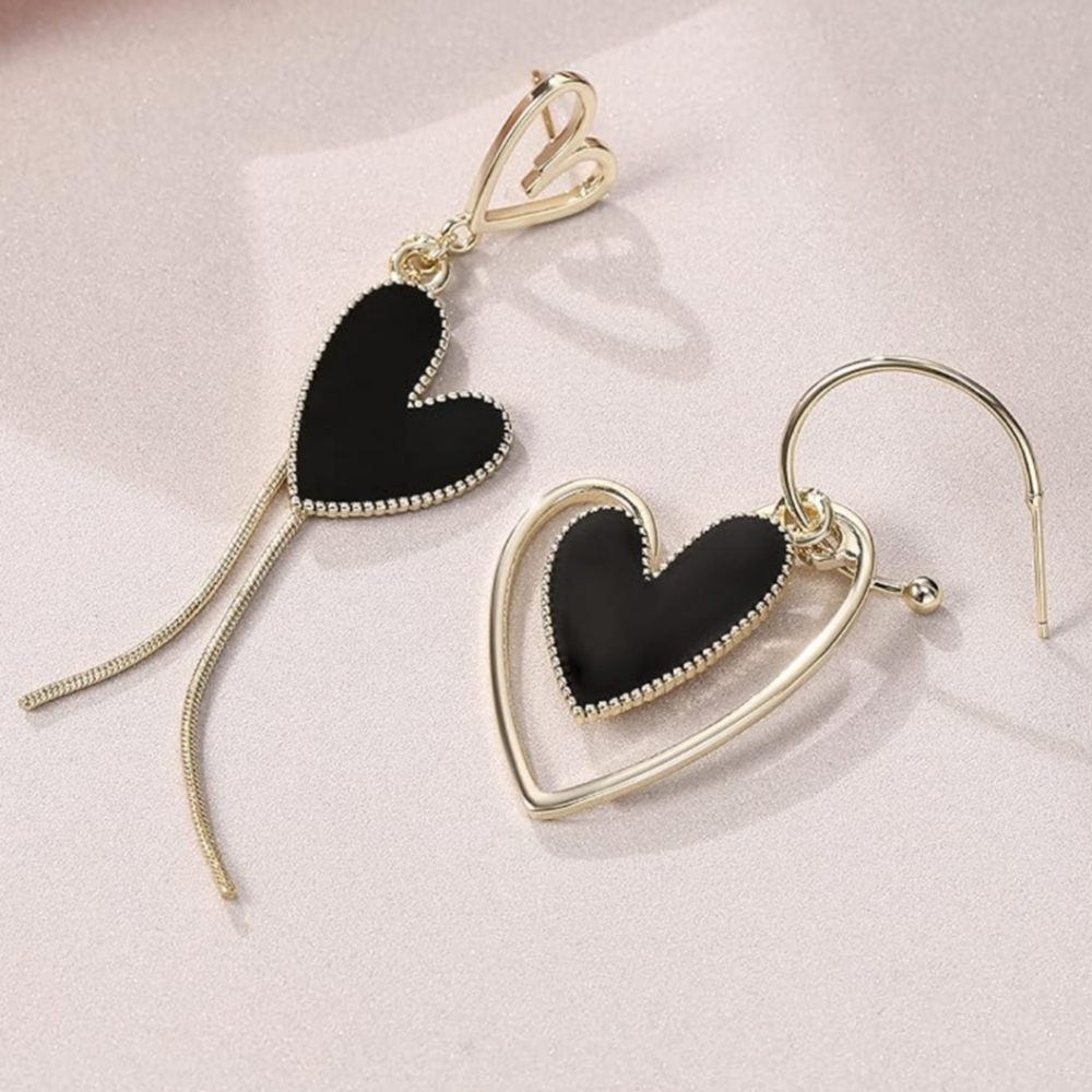 Black Heart Earrings Gold-tone Hoop Dangle Mix & Match Asymmetrical Tassel - Picture 4 of 16